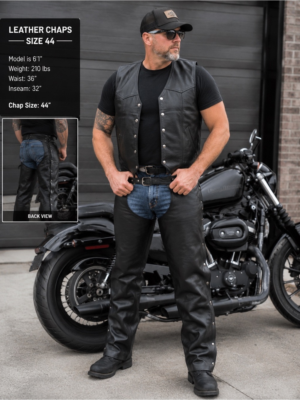 Men's Black Leather Motorcycle Chaps and Vest Set